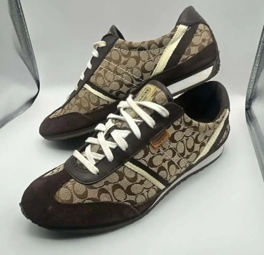 Coach Signature C Logo Canvas and Suede Sneakers in Brown